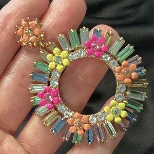 J. Crew Multicolor Floral Crystal Baguette Hoop Earrings